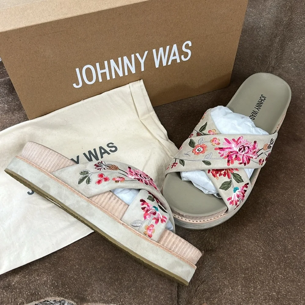 Johnny Was Jenna X Band Sandal Sueded Flatform Embroidered Slides - Picture 1 of 9